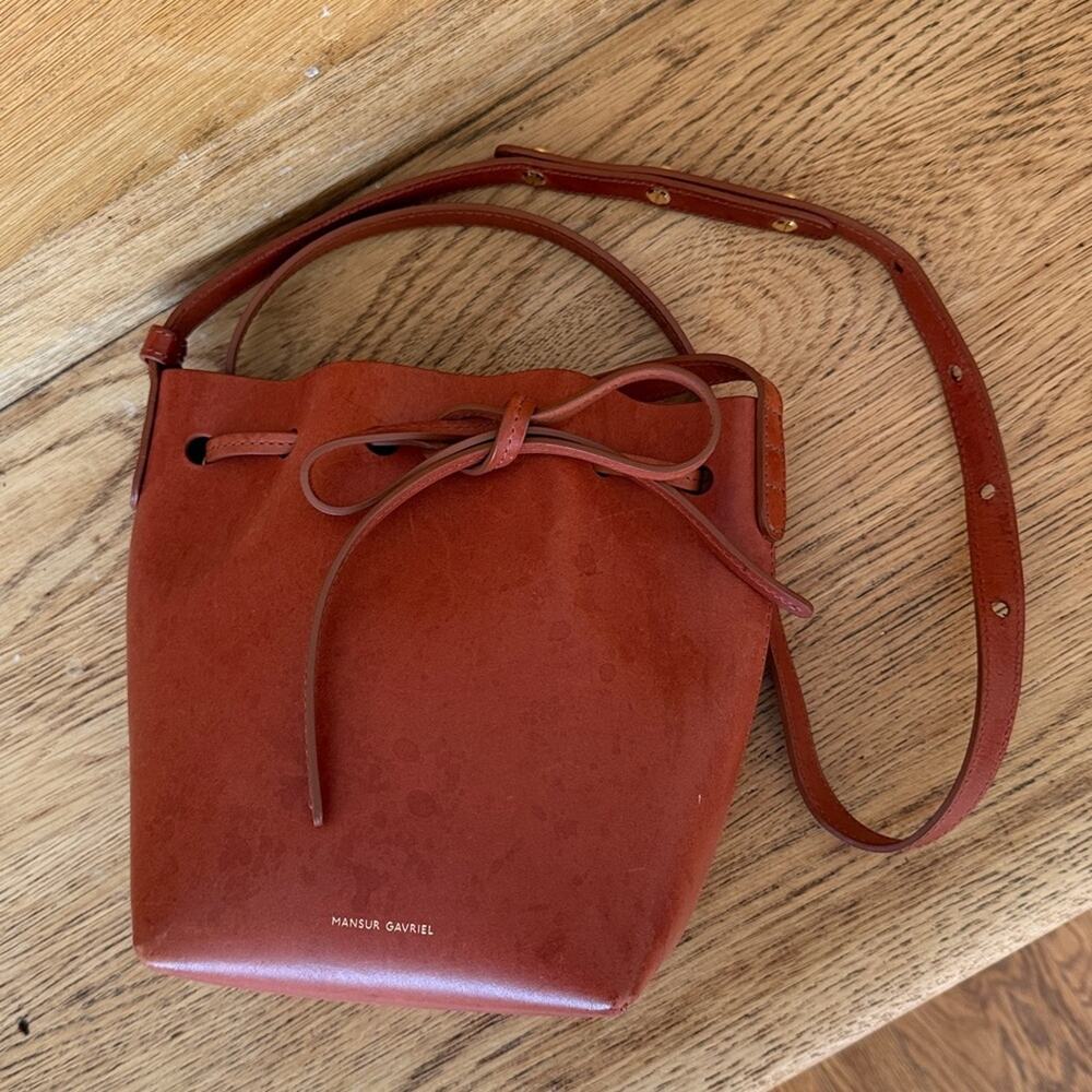 Mansur Gavriel Tan Leather Bow Crossbody Bucket Bag - Picture 11 of 11